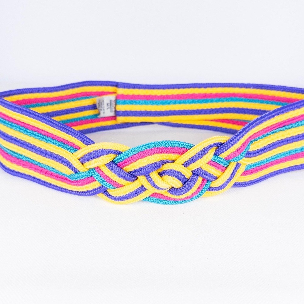Vintage 80s Multicolor Striped Belt Braided Knot Front Karen Scott M/L